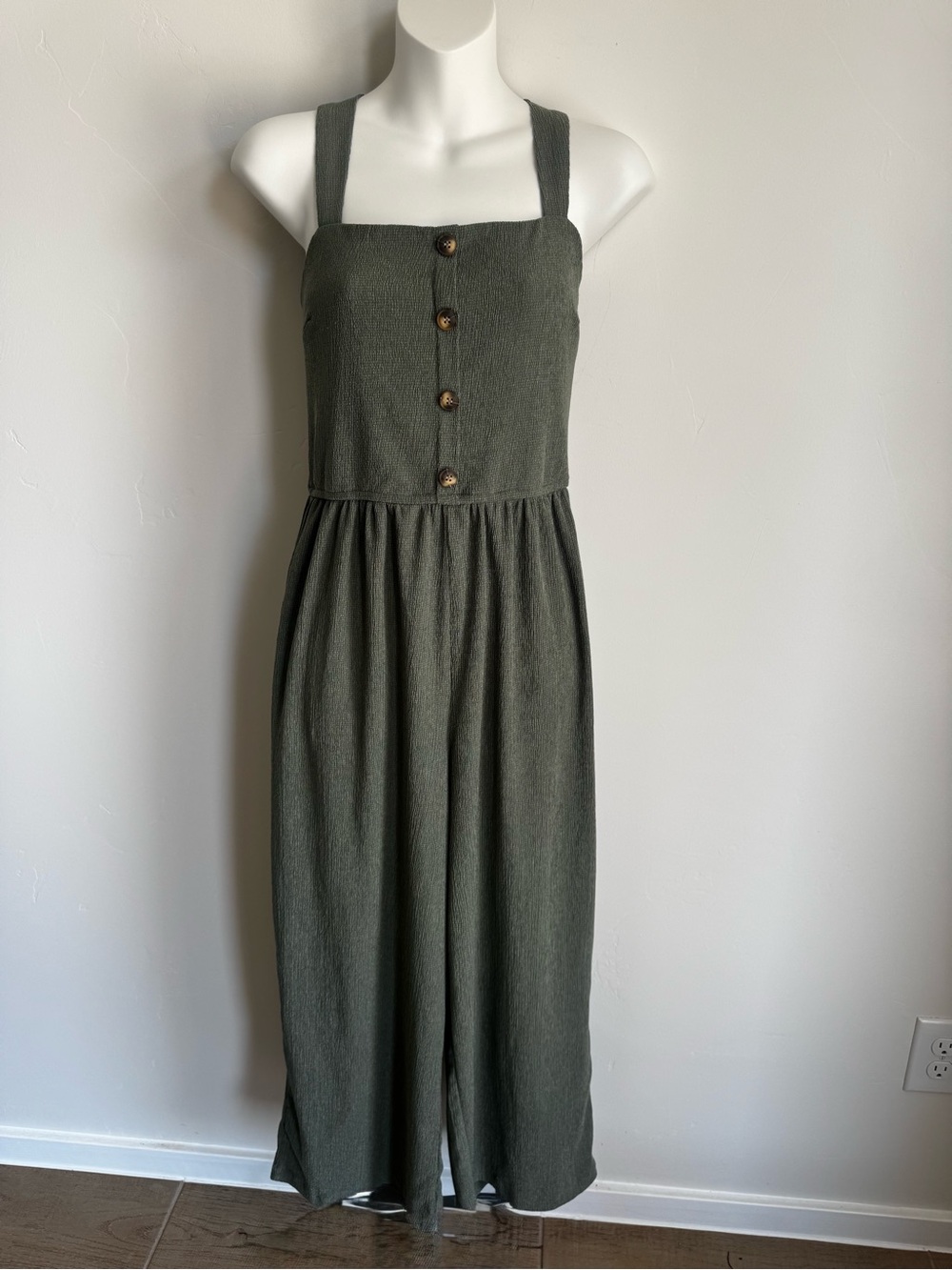 Inspired Hearts Olive Button-Front Wide-Strap Jumpsuit